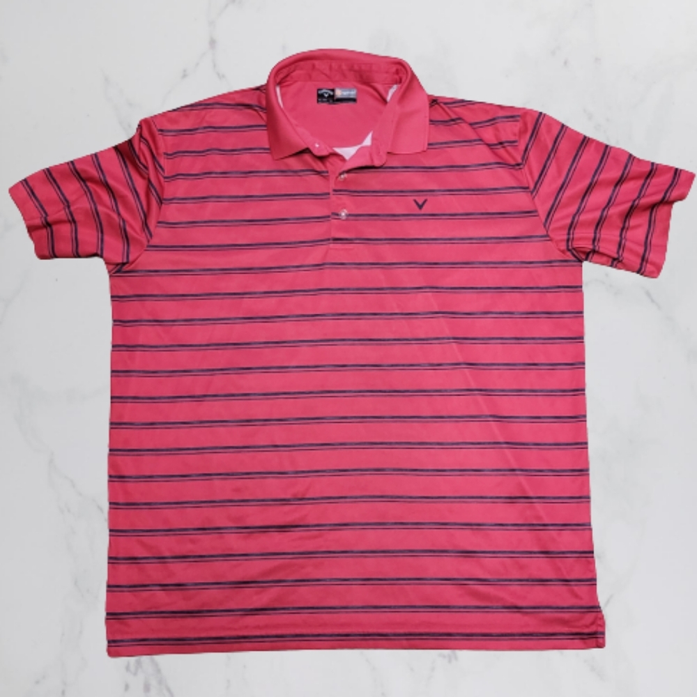 Callaway Apparel Golf Polo Spring Extra Large XL Coral Navy Striped Opti Dri